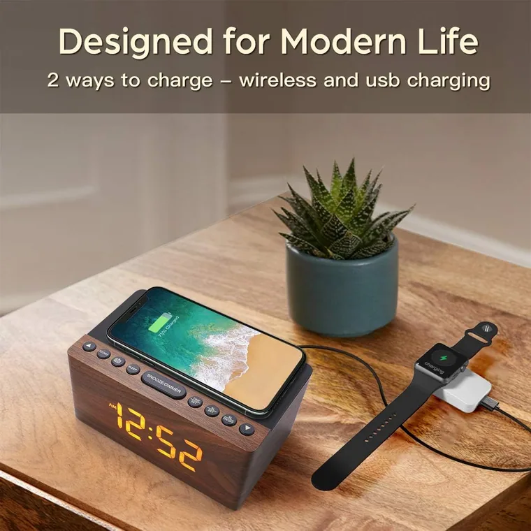 Walnut cabinet charging a phone beside a watch
