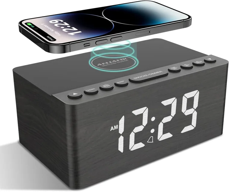 Wooden 10W Charging Clock Radio, Grey