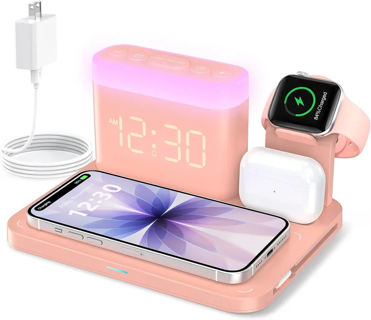 5-in-1 Charging Station Clock, Pink