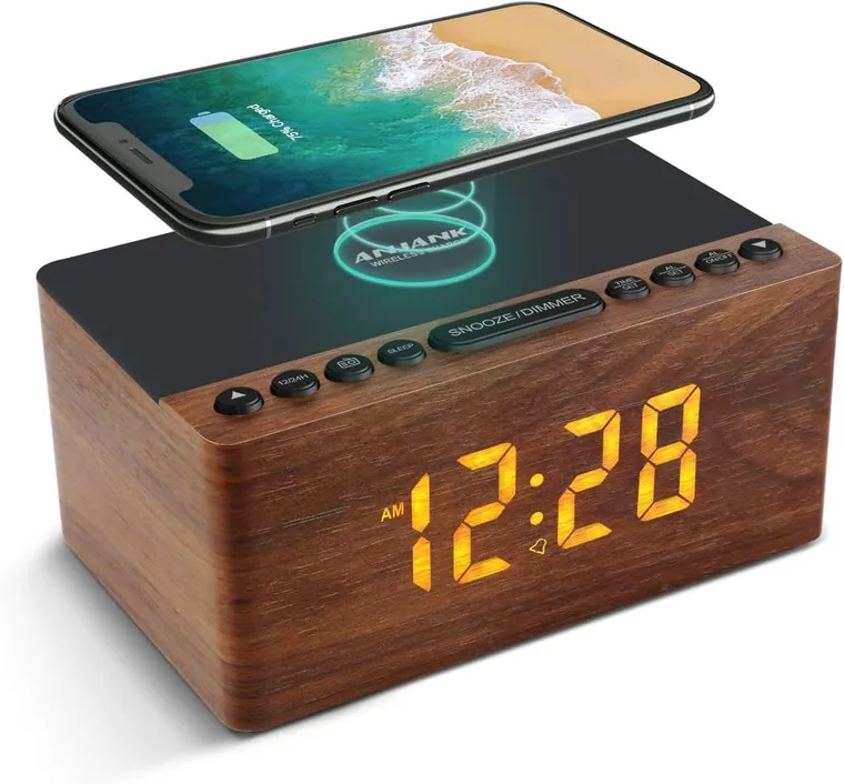 Wooden LED Clock Radio with Wireless Charging, Walnut