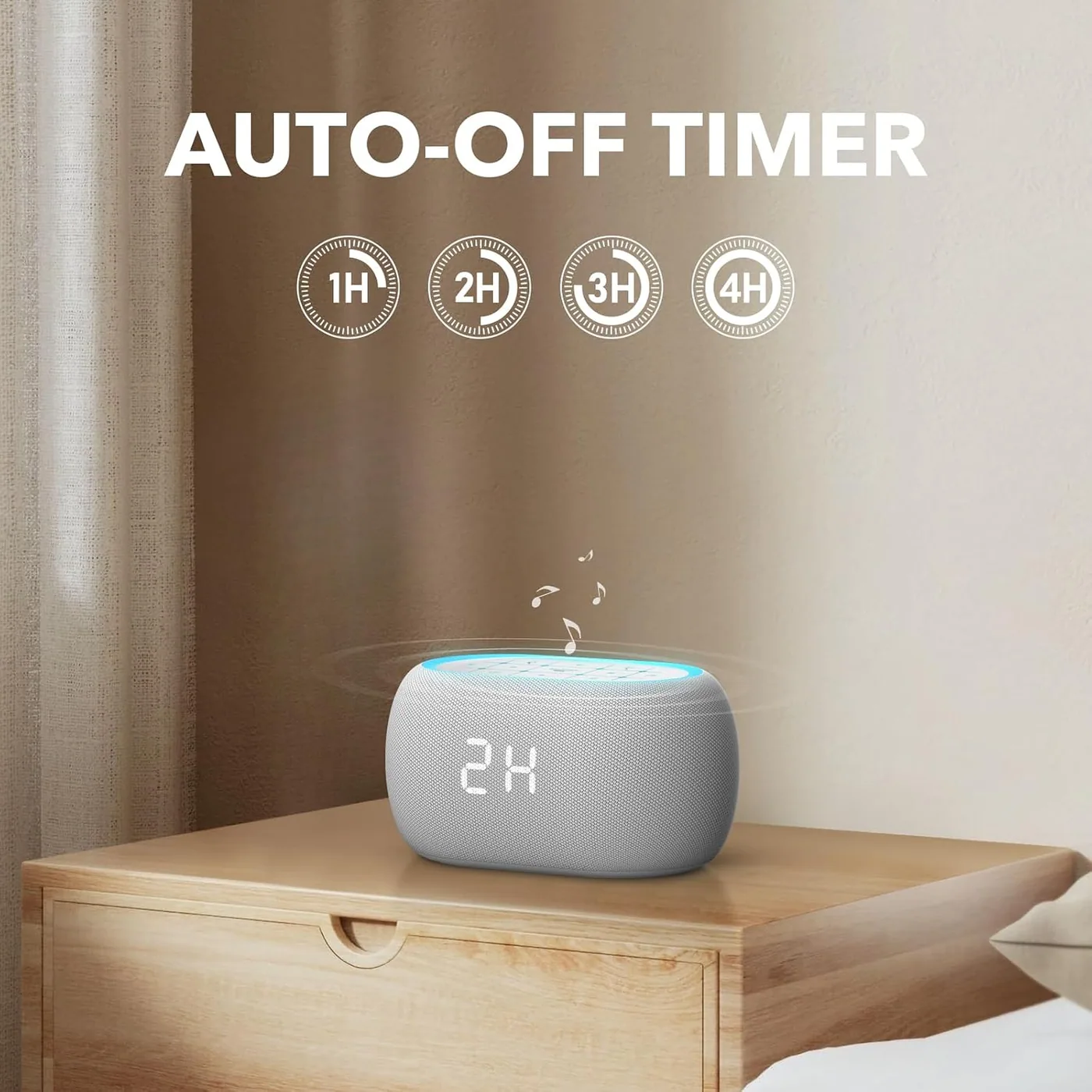 The dome across the room rather than on the pillow: distance does as much for the level at the ear as the volume dial does.
