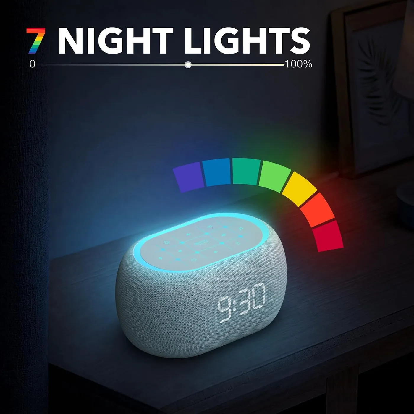 Seven colours at the lowest step. In a dark room this is a marker for the door, not a reading lamp.