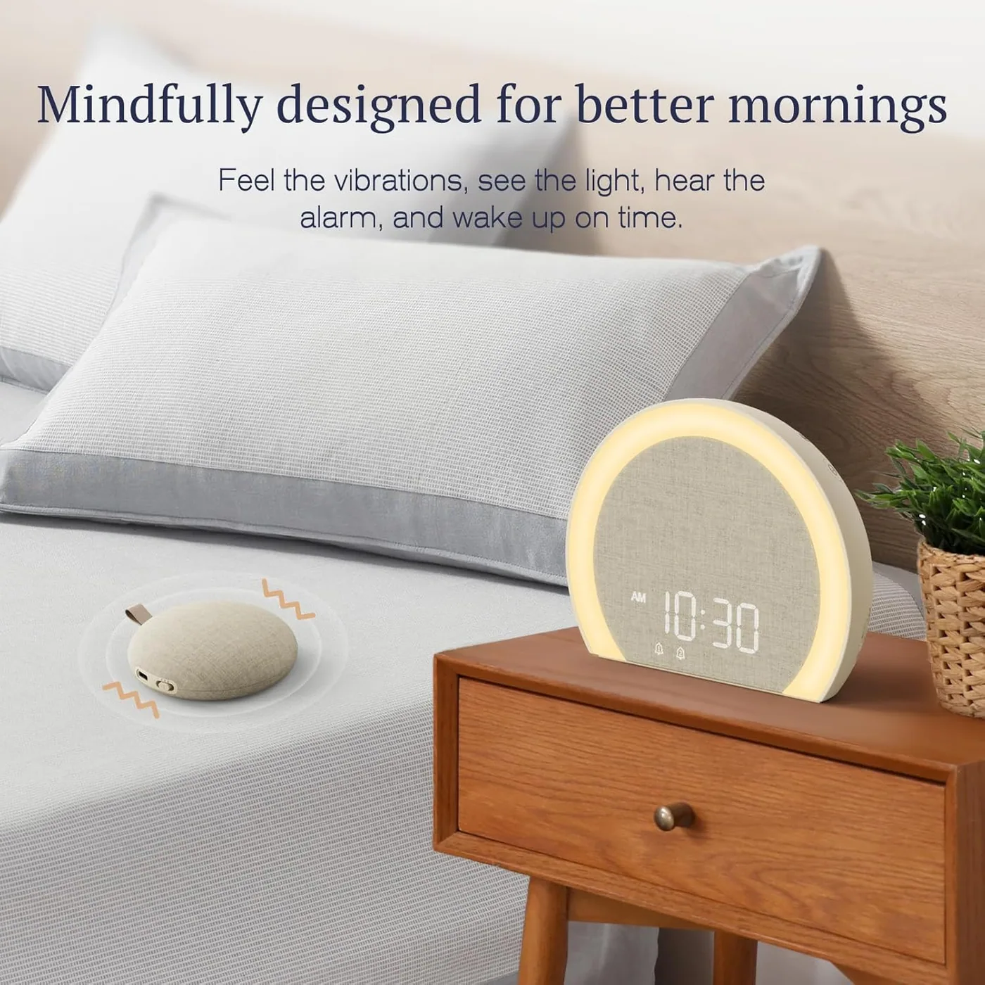 The latte model on a nightstand, with the shaker sitting under the pillow rather than on the table.