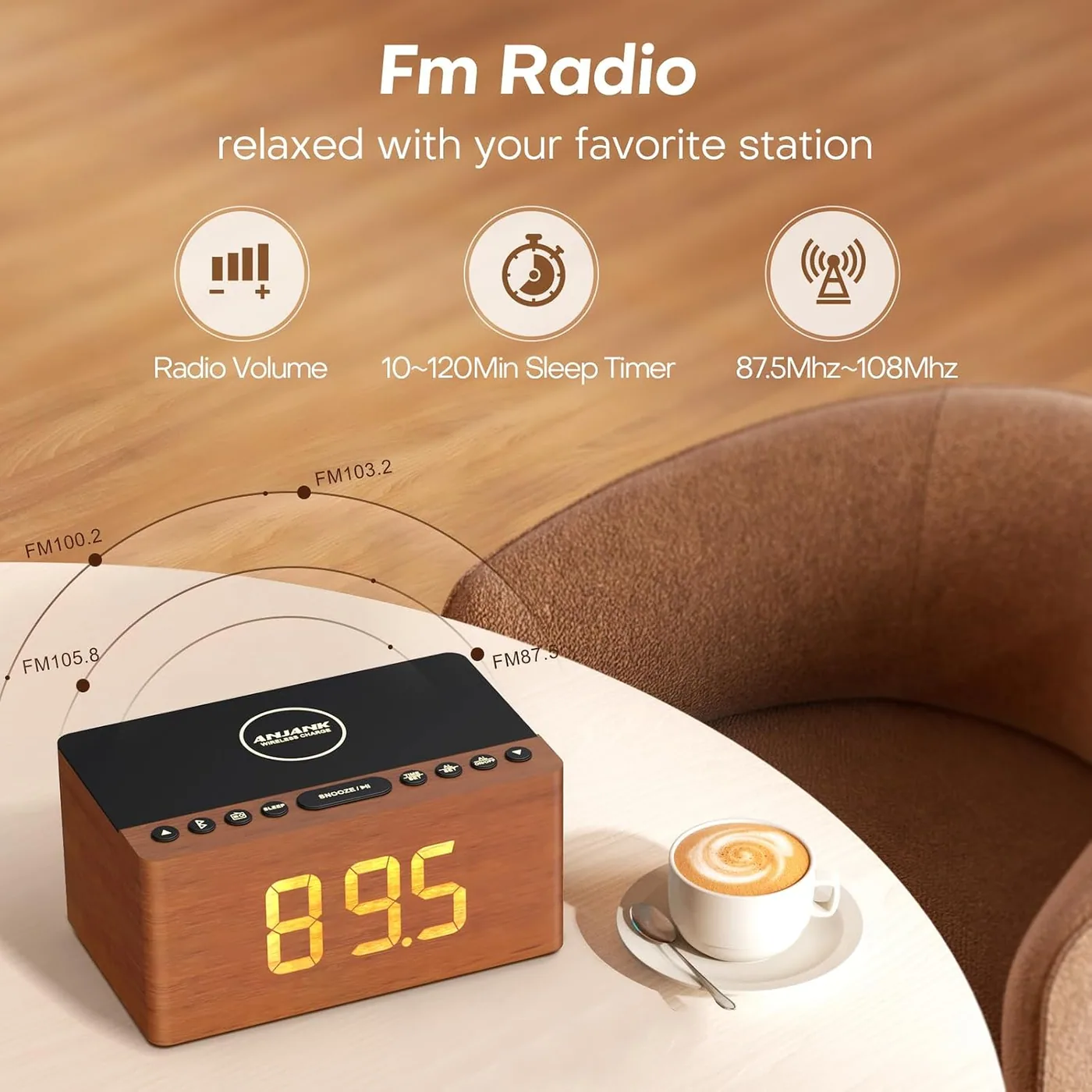 The wooden cabinet started life as a speaker box. It holds a station without the plastic rattle that gives cheap clock radios away.