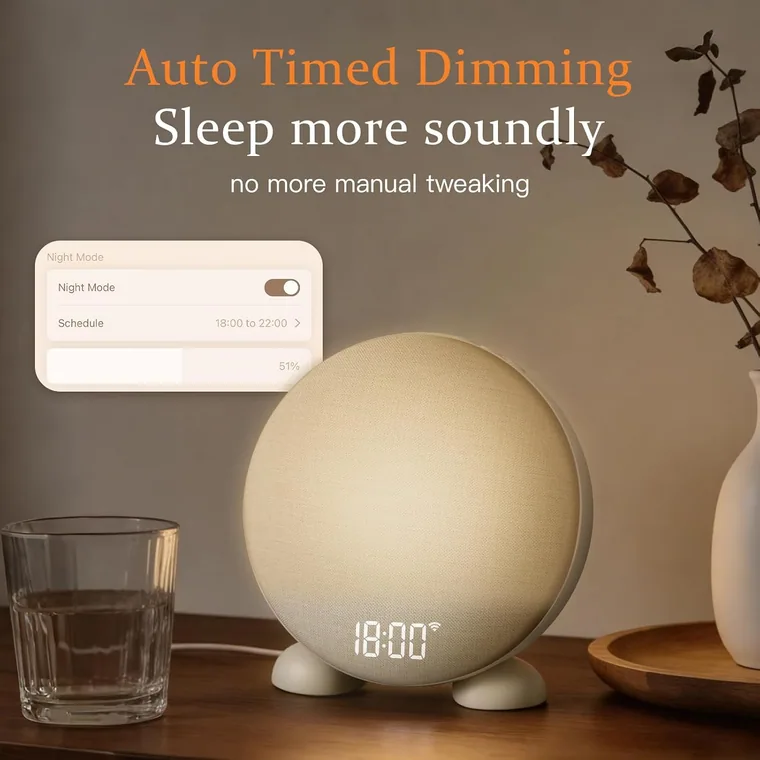 The sunrise clock dimming itself as the room goes dark