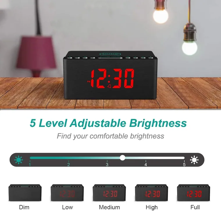 Black wooden clock radio in a warm room