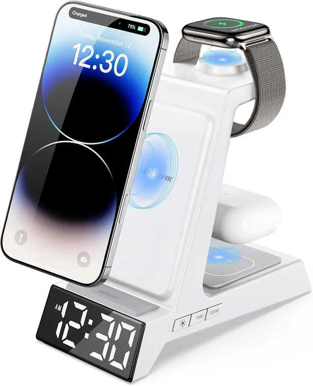 4-in-1 Charging Station Clock, White
