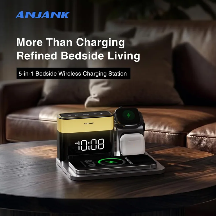 The GlowDock on a leather bedside table at night