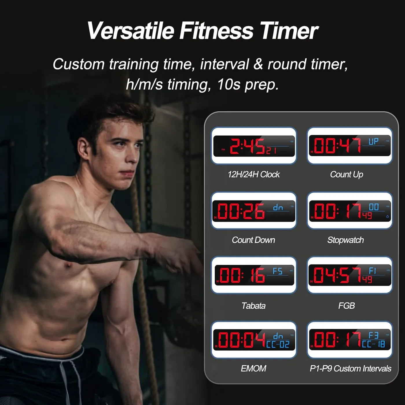The 15-inch panel on a gym wall: countdown, count-up, stopwatch, Tabata and nine stored interval plans.