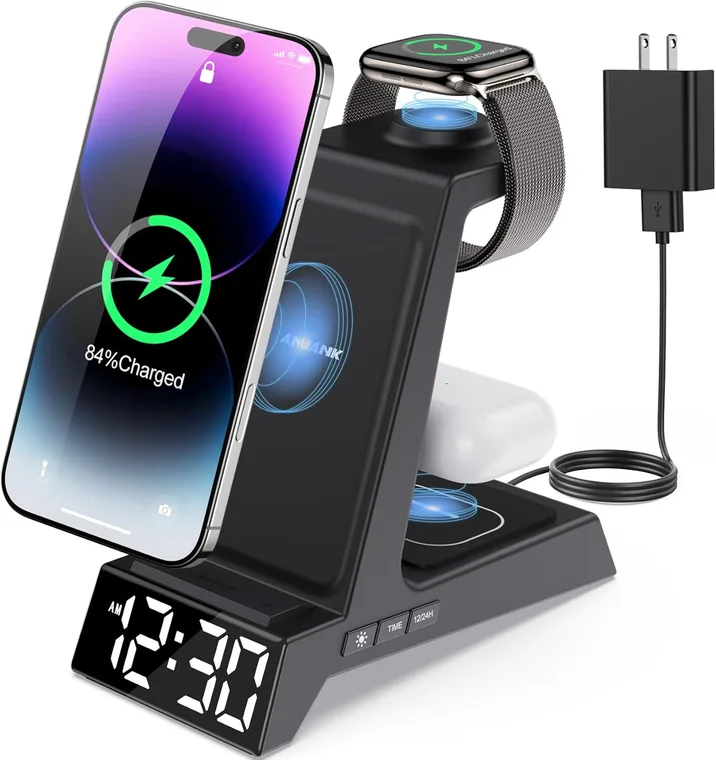 4-in-1 Charging Station Clock, Black