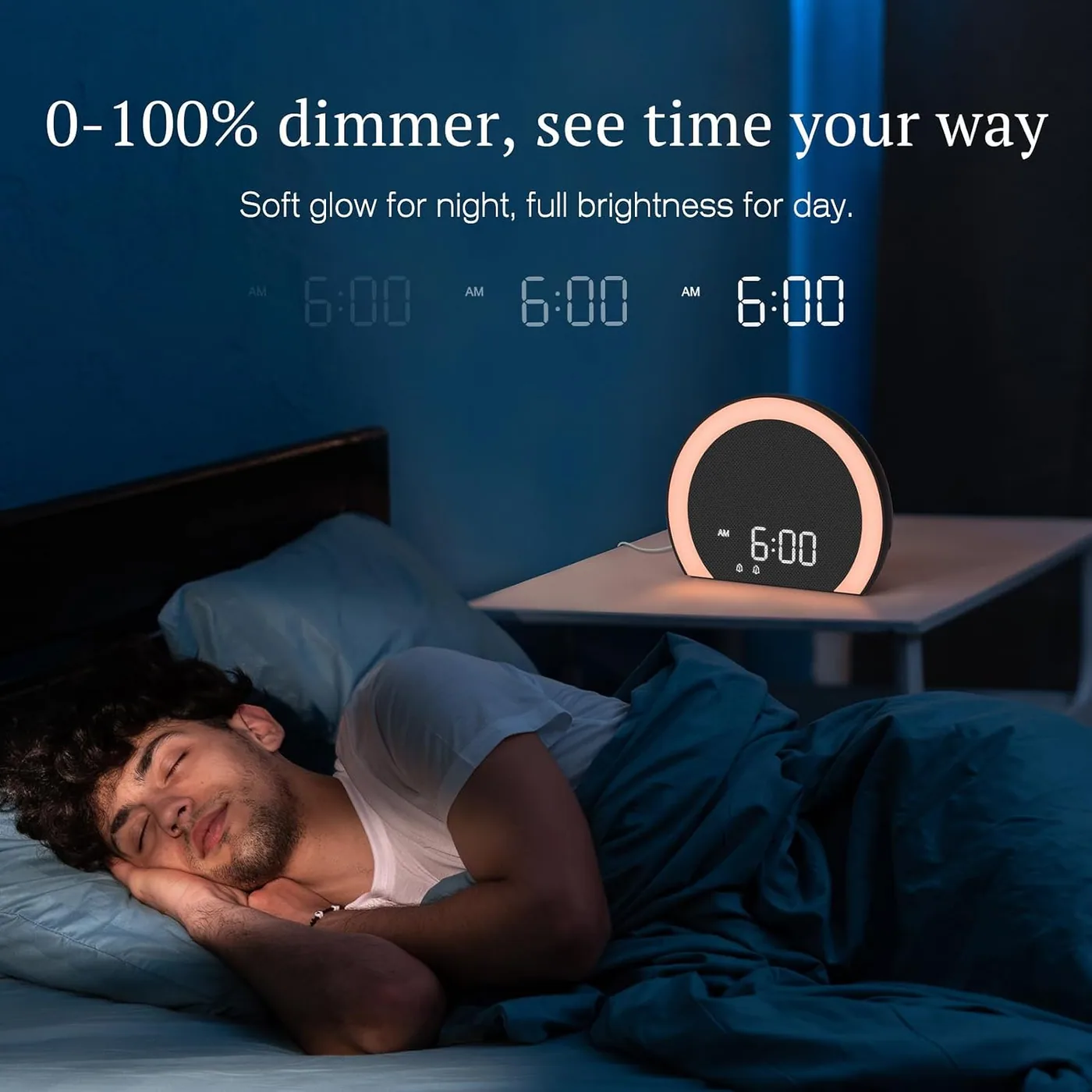 A dark bedroom at night with the clock display dimmed almost to nothing