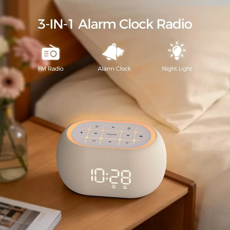 Fabric clock radio beside a bed
